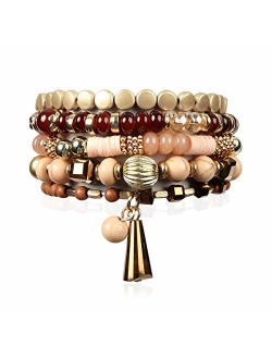 Bohemian Mix Bead Multi Layer Versatile Statement Bracelets - Stackable Beaded Strand Stretch Bangles Sparkly Crystal, Tassel Charm