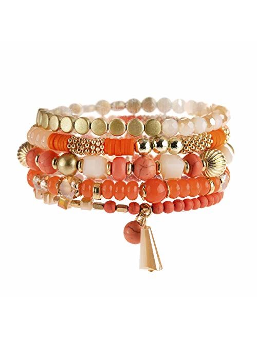 RIAH FASHION Bohemian Mix Bead Multi Layer Versatile Statement Bracelets - Stackable Beaded Strand Stretch Bangles Sparkly Crystal, Tassel Charm