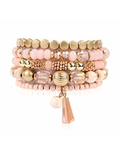 RIAH FASHION Bohemian Mix Bead Multi Layer Versatile Statement Bracelets - Stackable Beaded Strand Stretch Bangles Sparkly Crystal, Tassel Charm