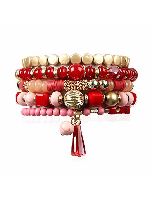 RIAH FASHION Bohemian Mix Bead Multi Layer Versatile Statement Bracelets - Stackable Beaded Strand Stretch Bangles Sparkly Crystal, Tassel Charm