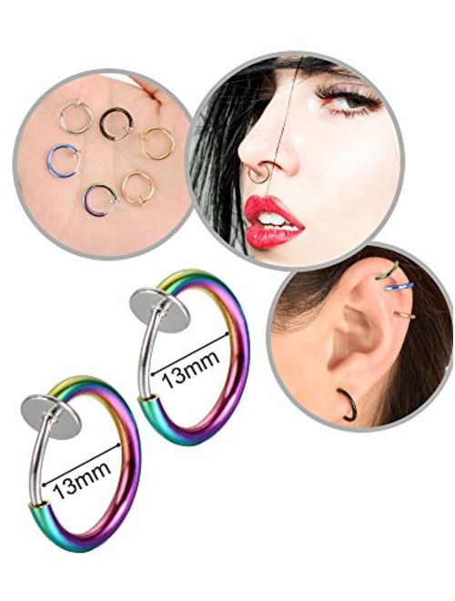 Mudder 12 Pieces Fake Earrings Nose Ear Lip Clip Rings Non-Pierced Earring Hoops Body Jewelry for Men and Women, 6 Colors