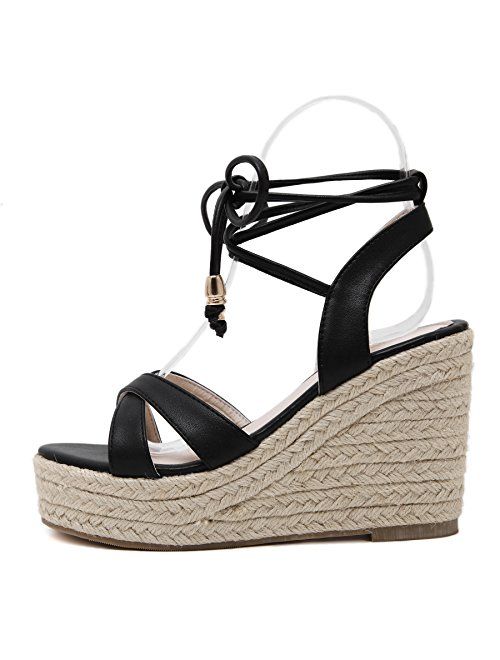 MAKEGSI Womens Jute-Rope Middle Wedge Heel Summer Shoes Flip Sandals Lace Up