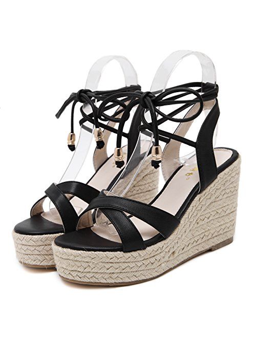 MAKEGSI Womens Jute-Rope Middle Wedge Heel Summer Shoes Flip Sandals Lace Up