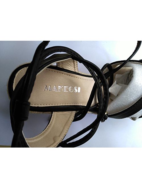 MAKEGSI Womens Jute-Rope Middle Wedge Heel Summer Shoes Flip Sandals Lace Up