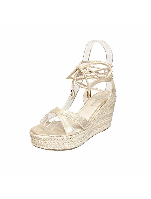 MAKEGSI Womens Jute-Rope Middle Wedge Heel Summer Shoes Flip Sandals Lace Up