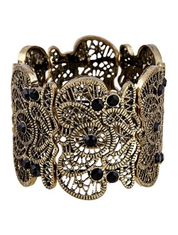 D EXCEED Womens Bohemian Lace Bracelet Vintage Filigree Cuff Bangle Bracelet Wide Stretch Rhinestone Bracelets for Ladies