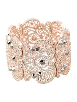 D EXCEED Womens Bohemian Lace Bracelet Vintage Filigree Cuff Bangle Bracelet Wide Stretch Rhinestone Bracelets for Ladies