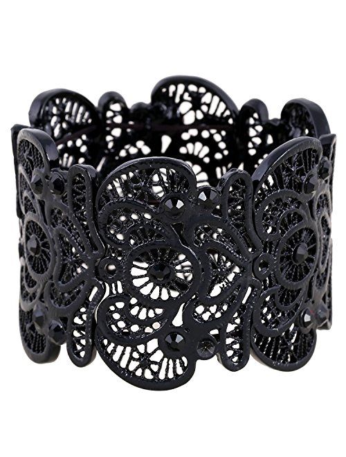 D EXCEED Womens Bohemian Lace Bracelet Vintage Filigree Cuff Bangle Bracelet Wide Stretch Rhinestone Bracelets for Ladies