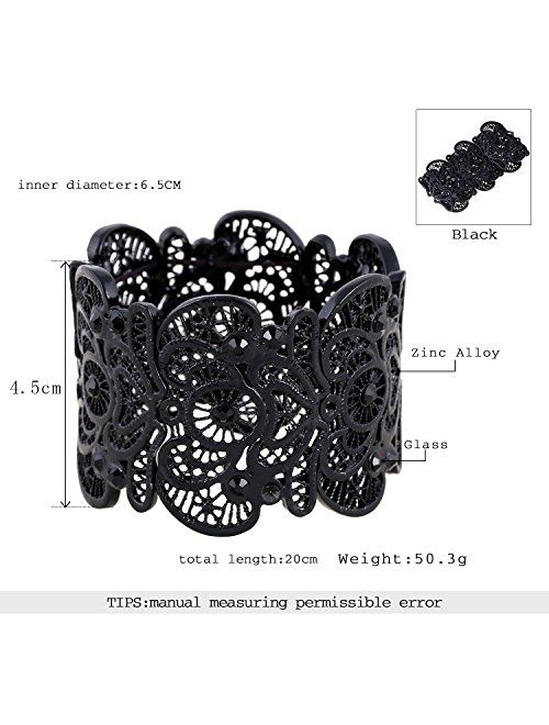 D EXCEED Womens Bohemian Lace Bracelet Vintage Filigree Cuff Bangle Bracelet Wide Stretch Rhinestone Bracelets for Ladies