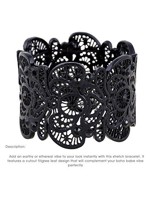 D EXCEED Womens Bohemian Lace Bracelet Vintage Filigree Cuff Bangle Bracelet Wide Stretch Rhinestone Bracelets for Ladies