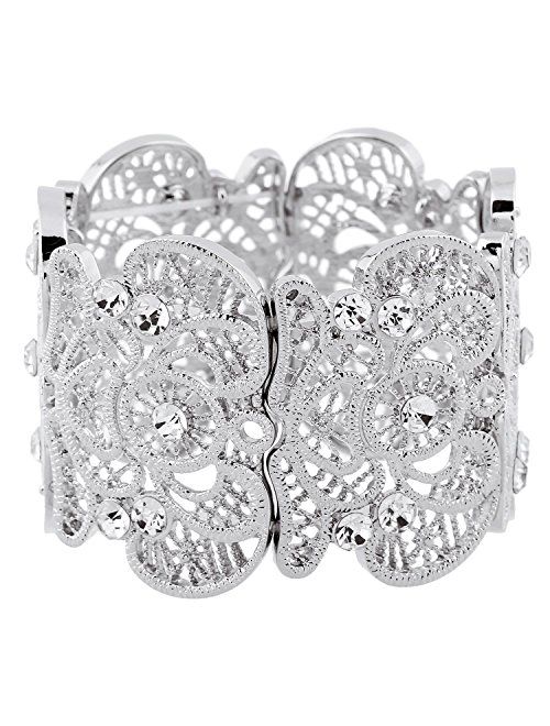 D EXCEED Womens Bohemian Lace Bracelet Vintage Filigree Cuff Bangle Bracelet Wide Stretch Rhinestone Bracelets for Ladies