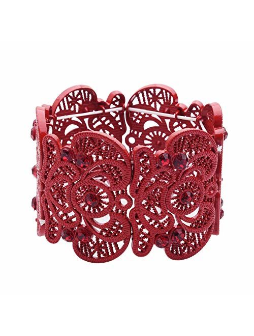 D EXCEED Womens Bohemian Lace Bracelet Vintage Filigree Cuff Bangle Bracelet Wide Stretch Rhinestone Bracelets for Ladies