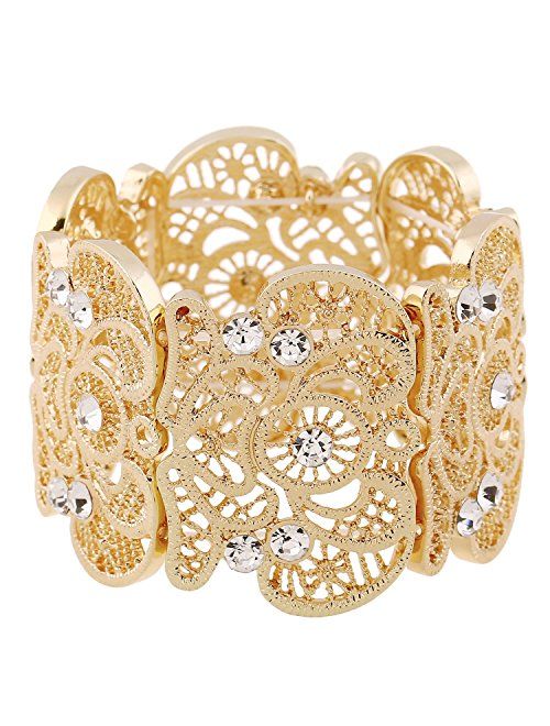 D EXCEED Womens Bohemian Lace Bracelet Vintage Filigree Cuff Bangle Bracelet Wide Stretch Rhinestone Bracelets for Ladies