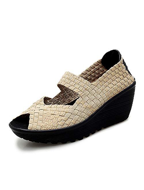 EnllerviiD Women Wedge Mary Jane Sandals Closed Toe Weave Platform Heel Sandals Shoes