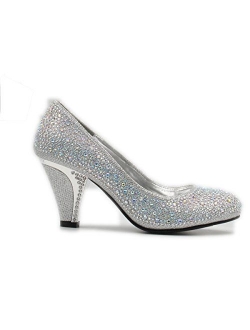 Stylish & Comfort Women's Round Toe Party/Performance Shoe Gem Rhinestone Chunky Mid-Height Heel Pumps