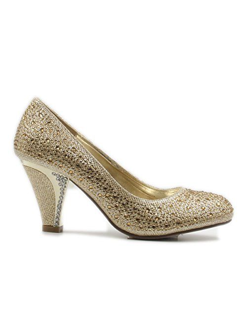 Stylish & Comfort Women's Round Toe Party/Performance Shoe Gem Rhinestone Chunky Mid-Height Heel Pumps