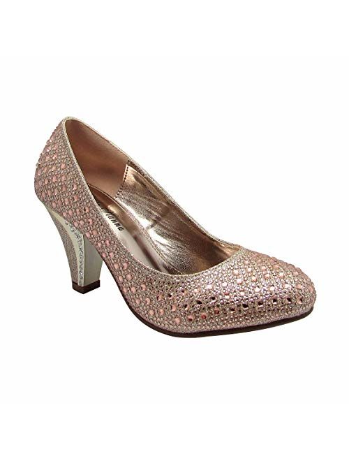 Stylish & Comfort Women's Round Toe Party/Performance Shoe Gem Rhinestone Chunky Mid-Height Heel Pumps