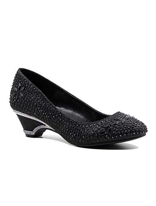 Stylish & Comfort Women's Round Toe Party/Performance Shoe Gem Rhinestone Chunky Mid-Height Heel Pumps