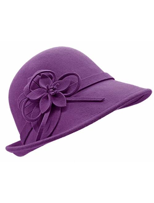 Bellady Women Solid Color Winter Hat 100% Wool Cloche Bucket with Bow Accent