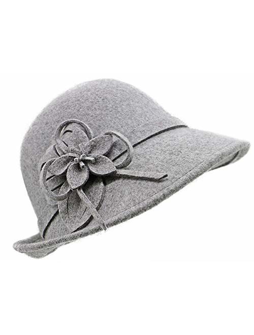 Bellady Women Solid Color Winter Hat 100% Wool Cloche Bucket with Bow Accent