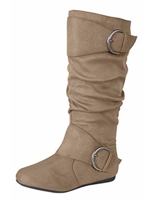 Forever Link Women's Closed Round Toe Buckle Slouch Flat Heel Mid-Calf Boot