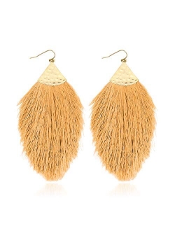 Bohemian Silky Thread Fan Fringe Tassel Statement Earrings - Lightweight Strand Feather Shape Dangles