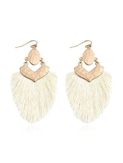 Bohemian Silky Thread Fan Fringe Tassel Statement Earrings - Lightweight Strand Feather Shape Dangles