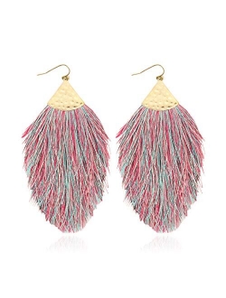 Bohemian Silky Thread Fan Fringe Tassel Statement Earrings - Lightweight Strand Feather Shape Dangles