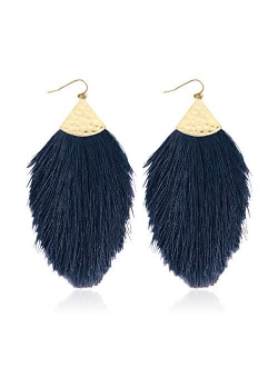 Bohemian Silky Thread Fan Fringe Tassel Statement Earrings - Lightweight Strand Feather Shape Dangles