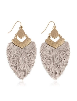 Bohemian Silky Thread Fan Fringe Tassel Statement Earrings - Lightweight Strand Feather Shape Dangles