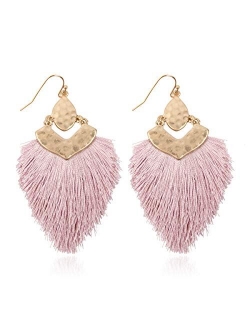 Bohemian Silky Thread Fan Fringe Tassel Statement Earrings - Lightweight Strand Feather Shape Dangles