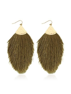 Bohemian Silky Thread Fan Fringe Tassel Statement Earrings - Lightweight Strand Feather Shape Dangles