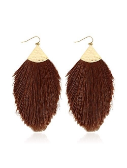 Bohemian Silky Thread Fan Fringe Tassel Statement Earrings - Lightweight Strand Feather Shape Dangles