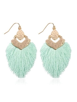 Bohemian Silky Thread Fan Fringe Tassel Statement Earrings - Lightweight Strand Feather Shape Dangles