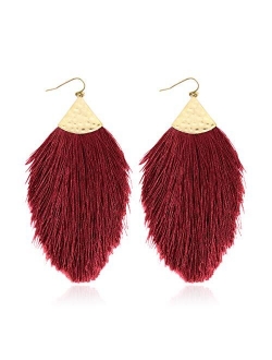 Bohemian Silky Thread Fan Fringe Tassel Statement Earrings - Lightweight Strand Feather Shape Dangles