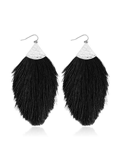 Bohemian Silky Thread Fan Fringe Tassel Statement Earrings - Lightweight Strand Feather Shape Dangles