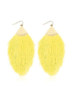 Bohemian Silky Thread Fan Fringe Tassel Statement Earrings - Lightweight Strand Feather Shape Dangles