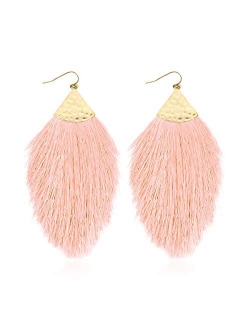 Bohemian Silky Thread Fan Fringe Tassel Statement Earrings - Lightweight Strand Feather Shape Dangles