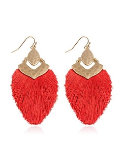 Bohemian Silky Thread Fan Fringe Tassel Statement Earrings - Lightweight Strand Feather Shape Dangles