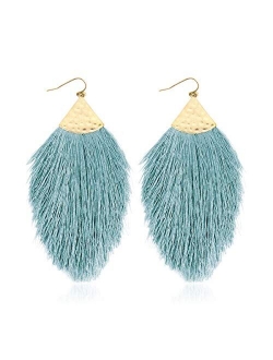 Bohemian Silky Thread Fan Fringe Tassel Statement Earrings - Lightweight Strand Feather Shape Dangles