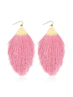 Bohemian Silky Thread Fan Fringe Tassel Statement Earrings - Lightweight Strand Feather Shape Dangles