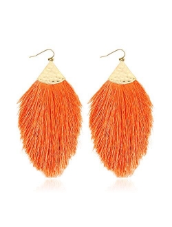 Bohemian Silky Thread Fan Fringe Tassel Statement Earrings - Lightweight Strand Feather Shape Dangles