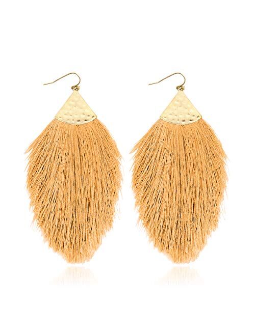 Riah Fashion Bohemian Silky Thread Fan Fringe Tassel Statement Earrings - Lightweight Strand Feather Shape Dangles