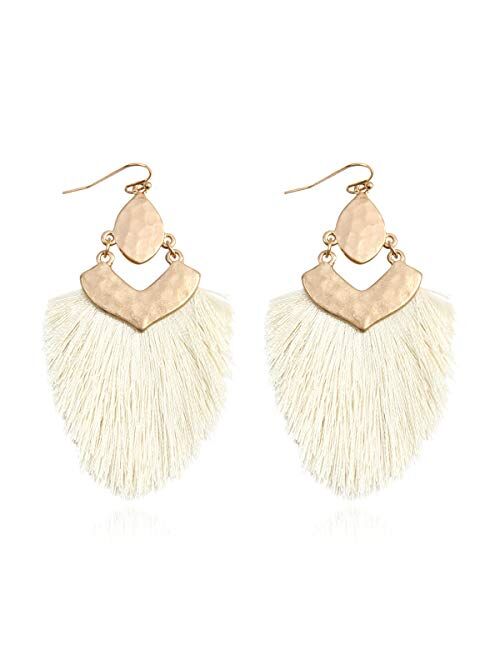 Riah Fashion Bohemian Silky Thread Fan Fringe Tassel Statement Earrings - Lightweight Strand Feather Shape Dangles