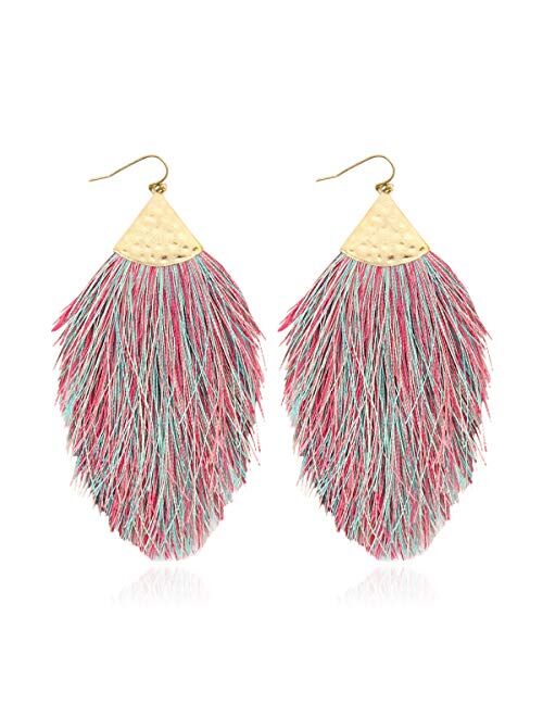 Riah Fashion Bohemian Silky Thread Fan Fringe Tassel Statement Earrings - Lightweight Strand Feather Shape Dangles