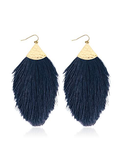 Riah Fashion Bohemian Silky Thread Fan Fringe Tassel Statement Earrings - Lightweight Strand Feather Shape Dangles