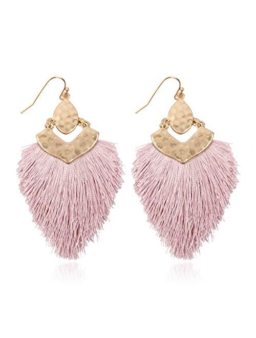 Riah Fashion Bohemian Silky Thread Fan Fringe Tassel Statement Earrings - Lightweight Strand Feather Shape Dangles