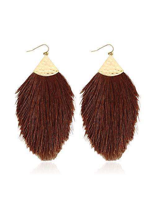 Riah Fashion Bohemian Silky Thread Fan Fringe Tassel Statement Earrings - Lightweight Strand Feather Shape Dangles