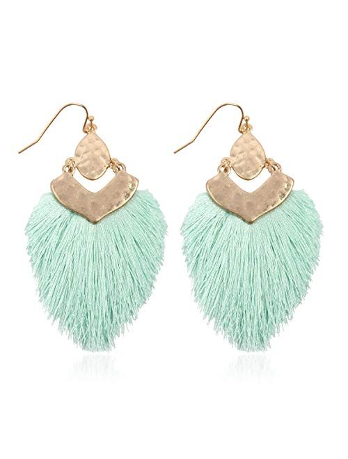 Riah Fashion Bohemian Silky Thread Fan Fringe Tassel Statement Earrings - Lightweight Strand Feather Shape Dangles