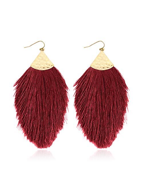 Riah Fashion Bohemian Silky Thread Fan Fringe Tassel Statement Earrings - Lightweight Strand Feather Shape Dangles